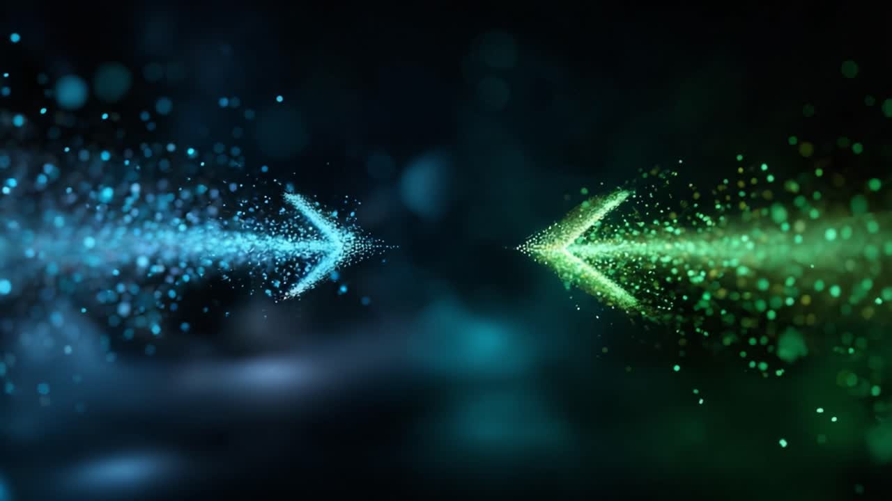 Dynamic Directional Energy: Vivid Blue and Green Particles Flowing in Opposite Directions, Creating a Stunning Visual Contrast of Movement and Light