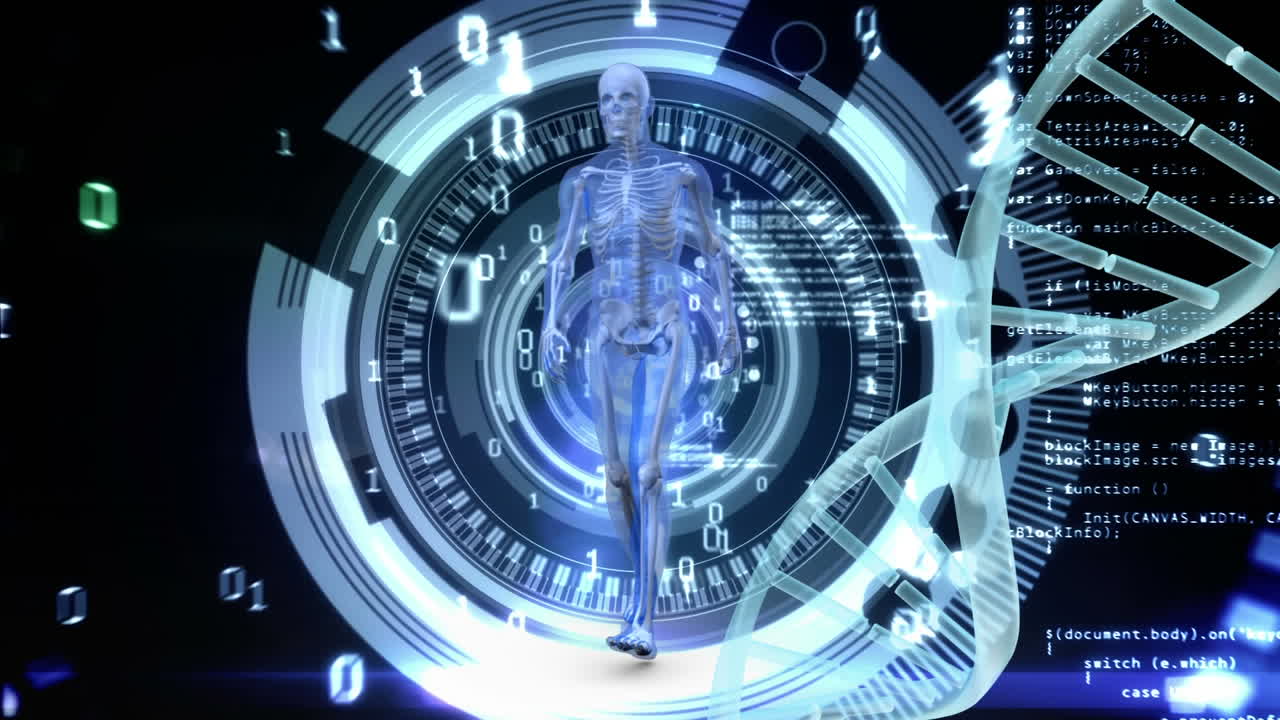 prototipo de un hombre caminando contra los grandes datos y girando el adn