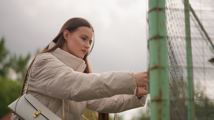 Donna caucasica che utilizza uno smartphone vicino a una recinzione, indossa un piumino beige e una borsa bianca, cielo nuvoloso e vegetazione suburbana, espressione concentrata mentre filma contenuti e controlla lo schermo, mano delicata