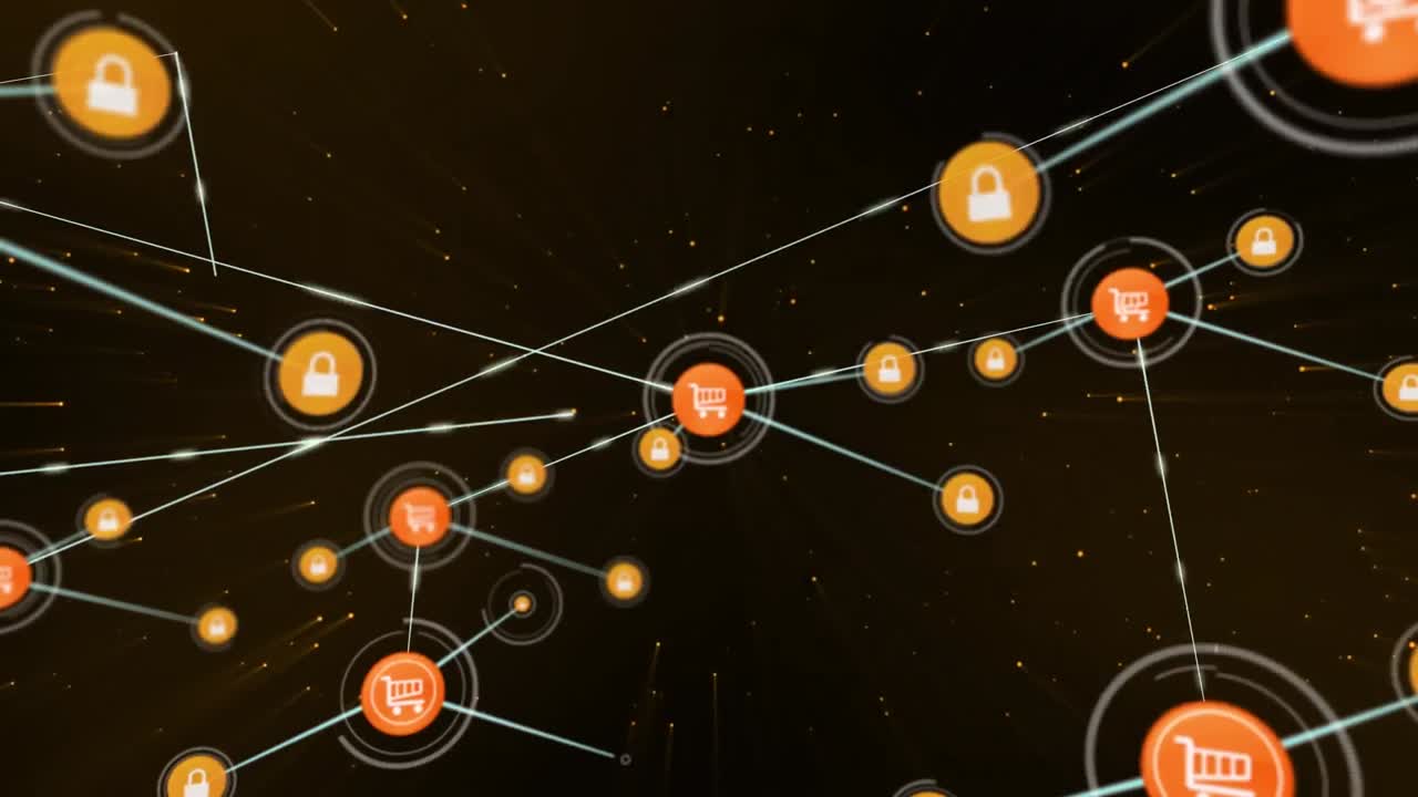 Animazione di una rete di connessioni di icone del carrello degli acquisti su sfondo nero