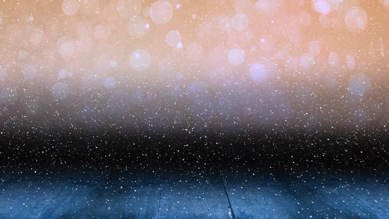 Animasjon av snø som faller over glødende lysflekker med tekstplass og treflate.