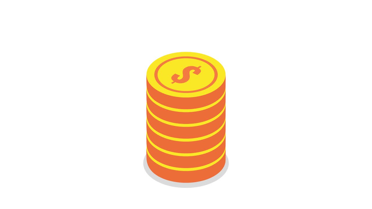 Stacks of gold coins. Isometric loop animation on white background. 4K resolution.