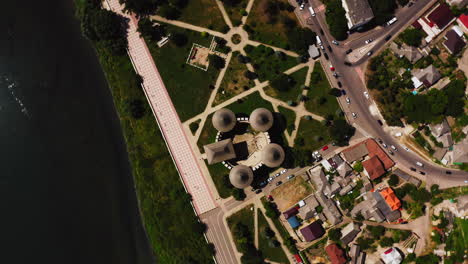 rotating aerial top view of the historc soroca fortress, on the riverside of dniester river, moldova