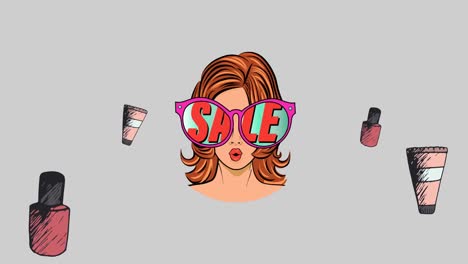 animation of nail polish icons and sale text on green background
