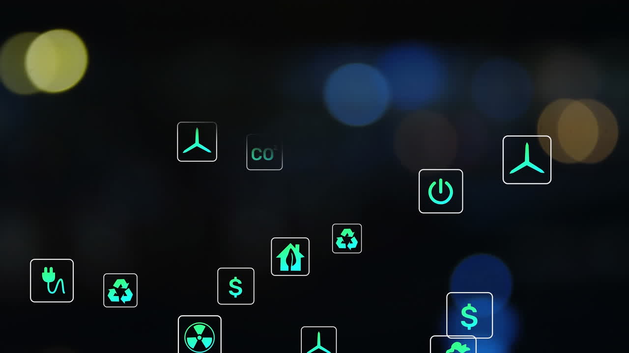 Animation of multiple digital icons over colorful spots of light against black background