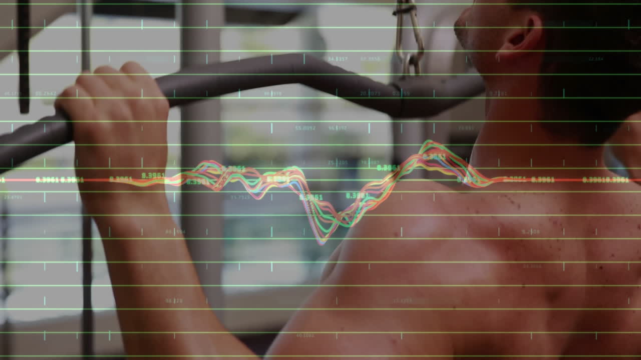 Financial data chart animation over muscular person lifting weights in gym