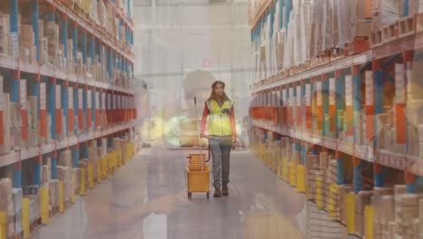 Animation-of-female-warehouse-worker-over-group-of-diverse-business-people