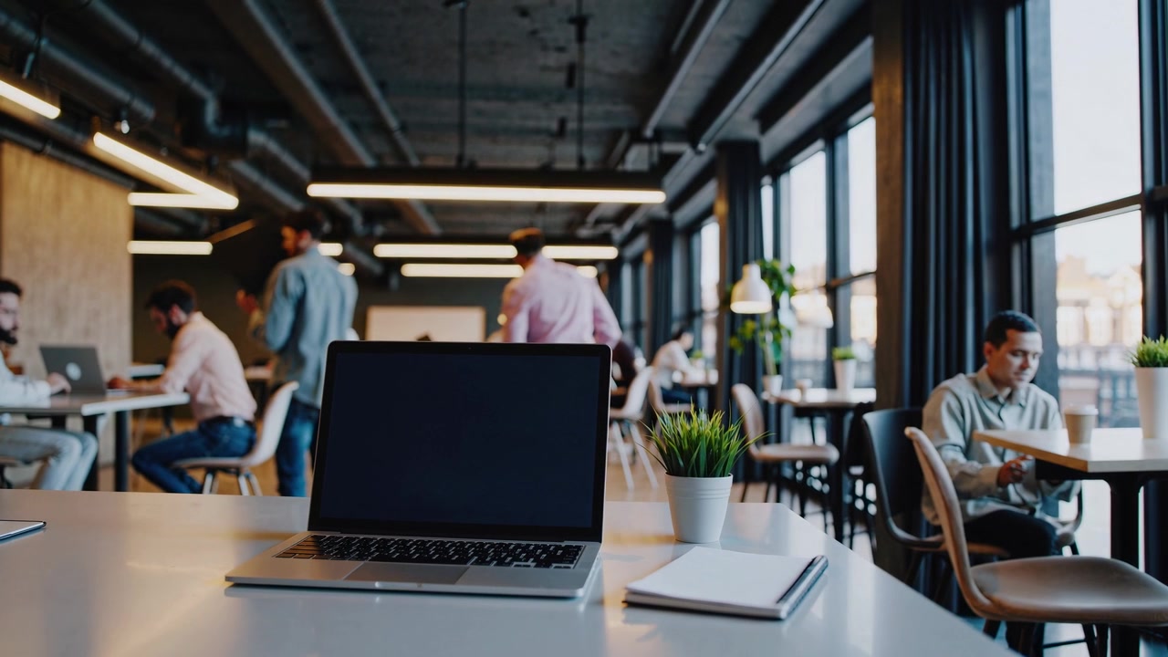 Laptop on Desk in Busy Modern Coworking Office Space