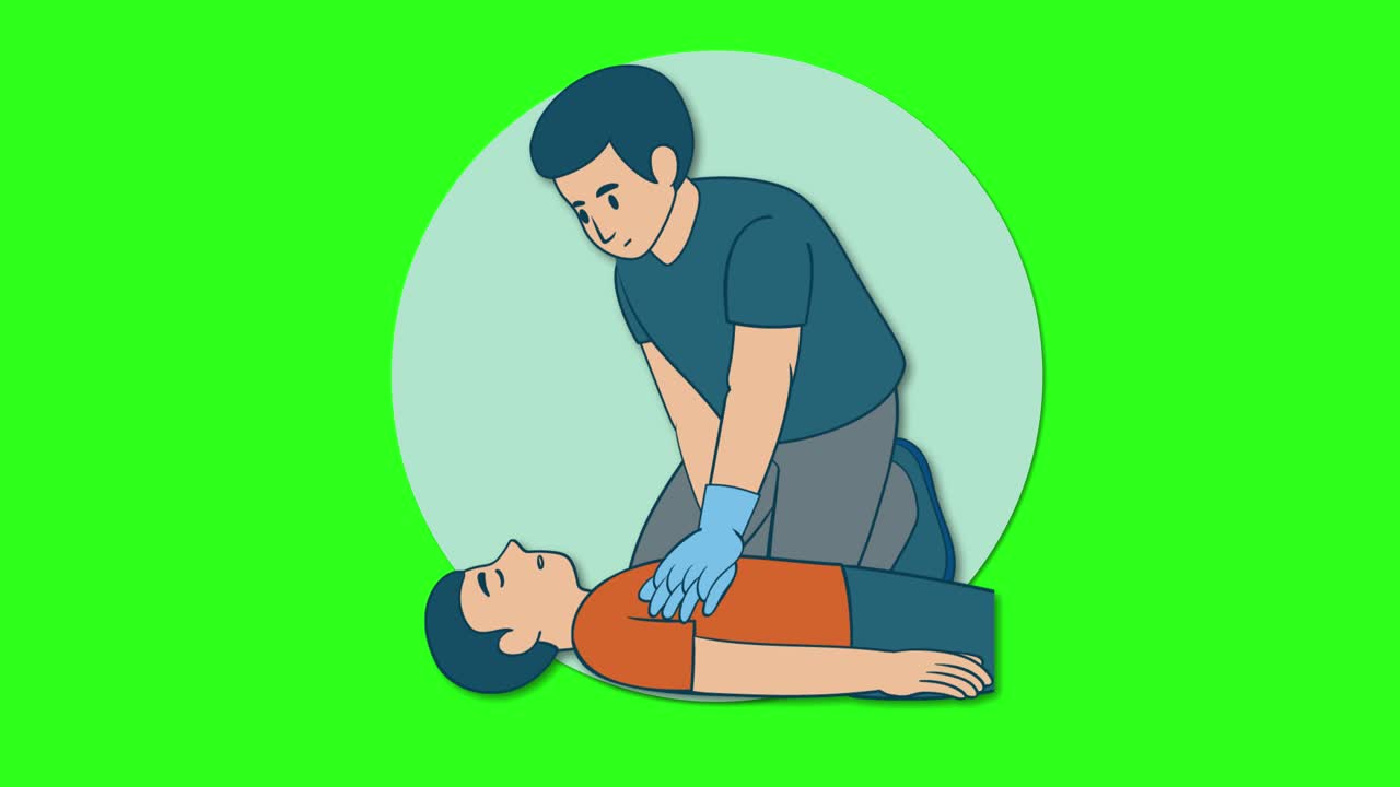 Illustrated CPR animation showing chest compressions and rescue breaths on green background, side perspective