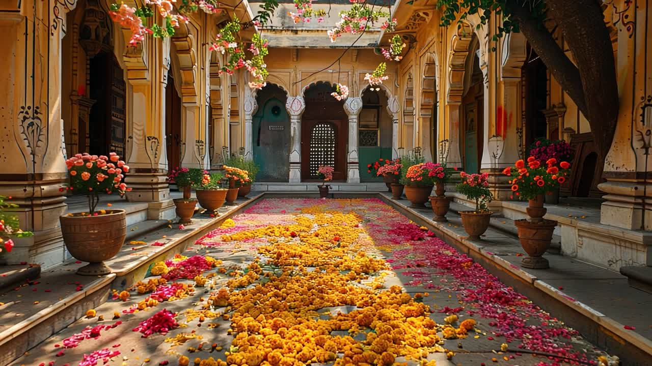 Cortile Vibrante Adornato con Calendule e Petali di Rosa