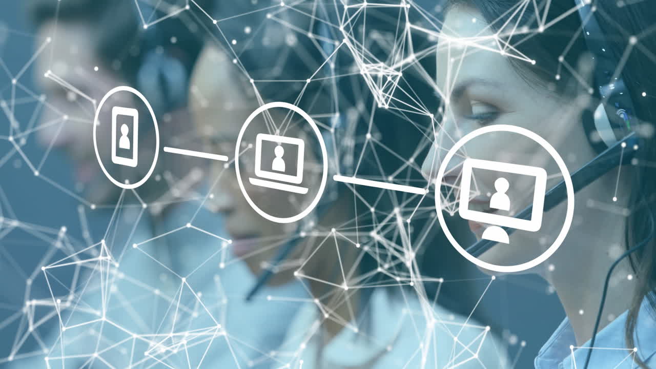 red de iconos digitales contra los ejecutivos de atención al cliente que usan auriculares