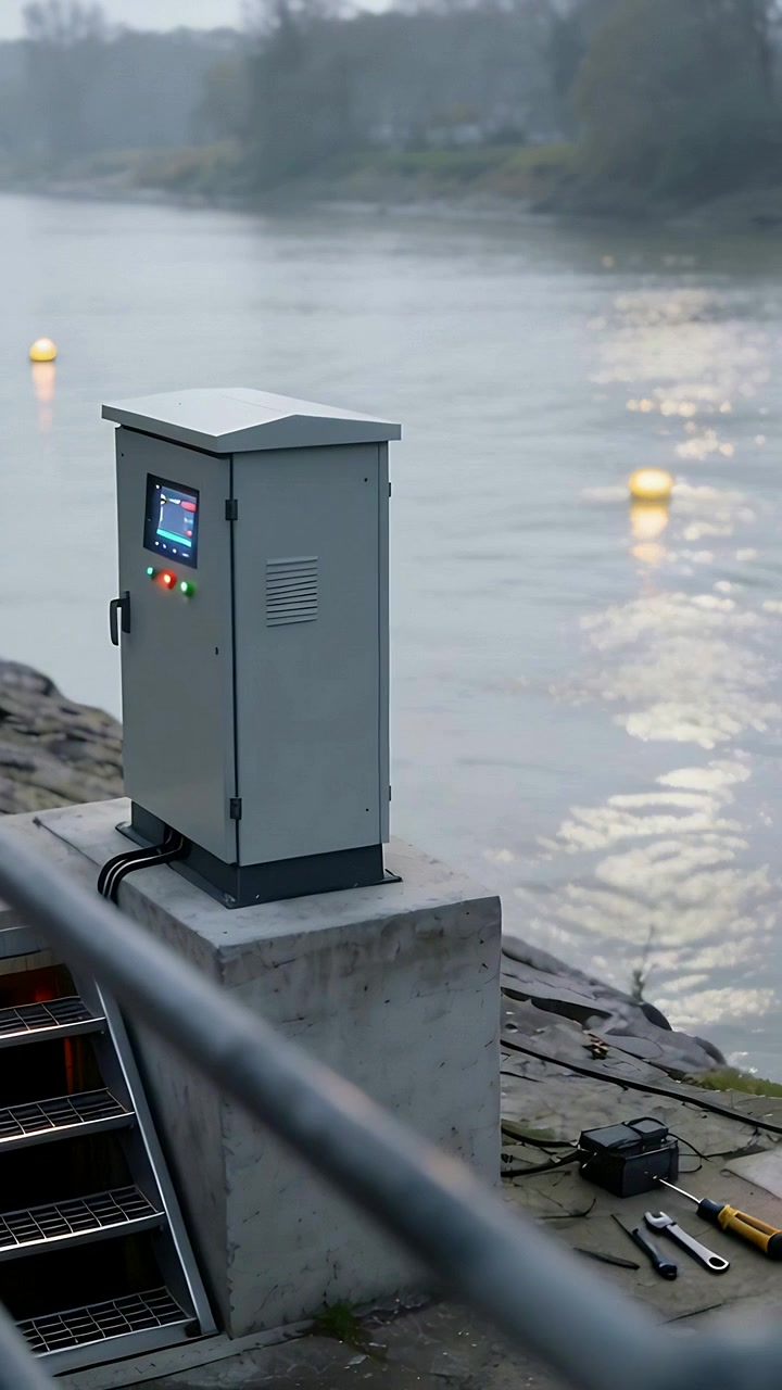 Video verticale: Telecamera in panoramica che rivela un armadietto metallico grigio su un piedistallo per mostrare uno schermo e delle boe.