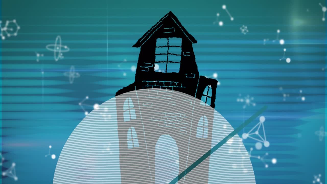 파란색 배경에 있는 분자 위의 모양과 집 아이콘의 애니메이션.