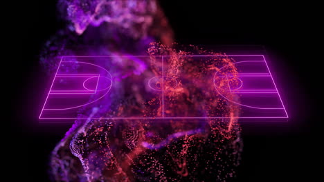 animation of red and purple particle network over pink neon basketball court on black background