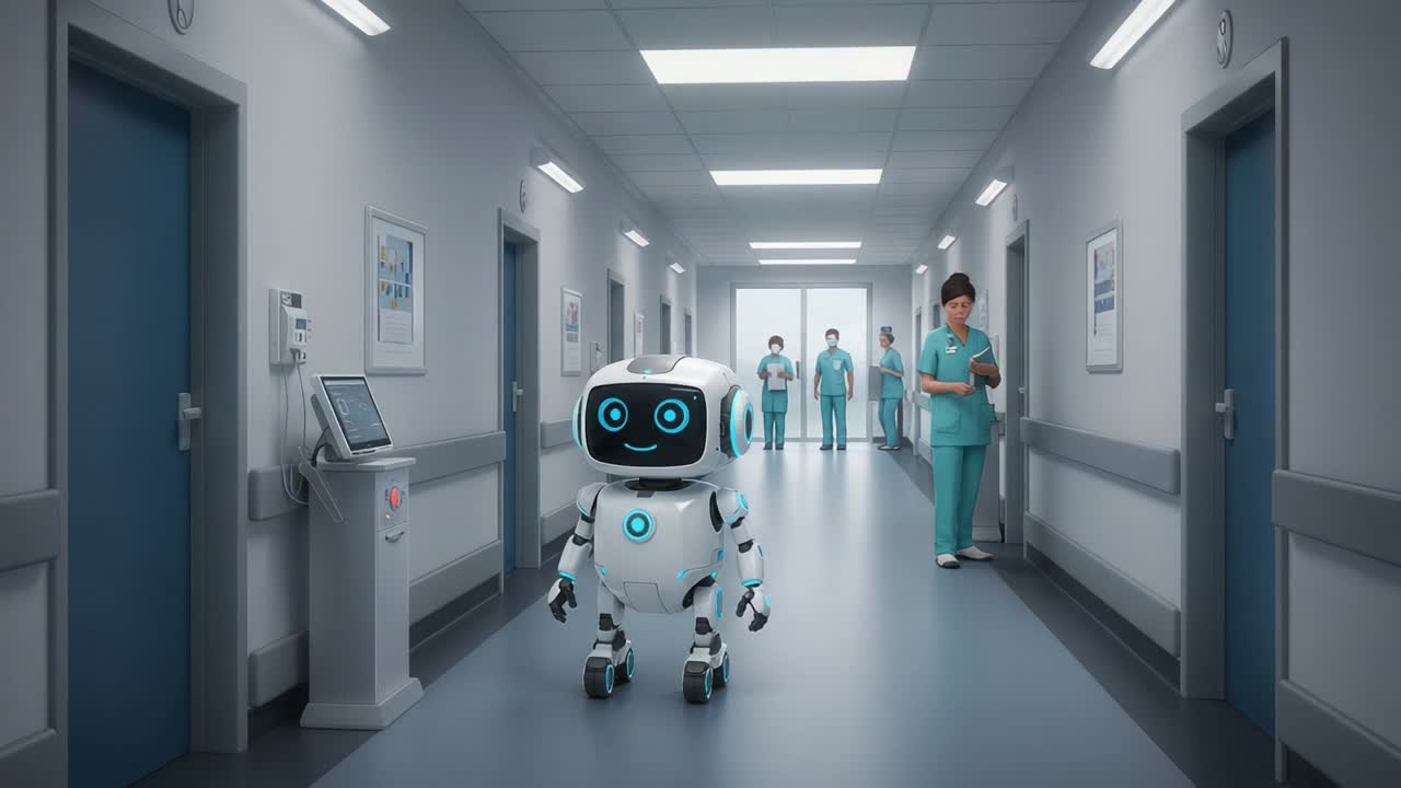 A Friendly Robot Navigates a Modern Hospital Corridor While Medical Staff Attend to Their Duties in a State-of-the-Art Environment