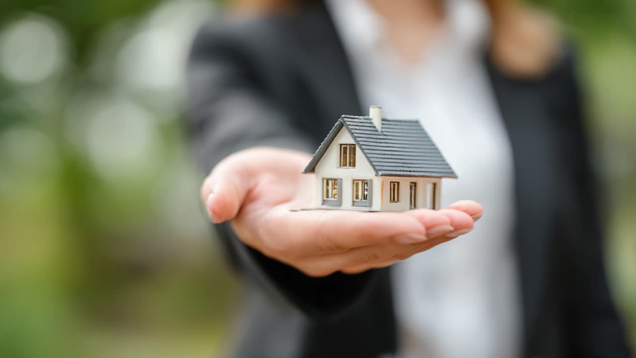 Un profesional sosteniendo una maqueta de casa en miniatura en una mano, simbolizando la propiedad inmobiliaria, la inversión y el sueño de tener una vivienda en un entorno exterior verde.