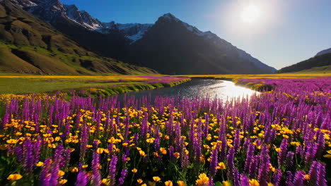 mountain river with wildflowers in a valley