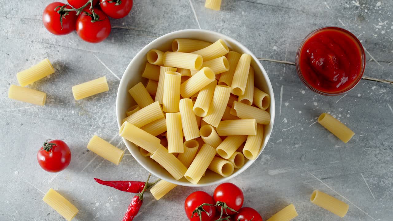 체리 토마토와 함께 건조한 카넬로니 파스타가 천천히 회전합니다.
