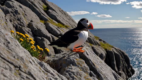 atlantic puffin spreading its wings on a rocky cliff