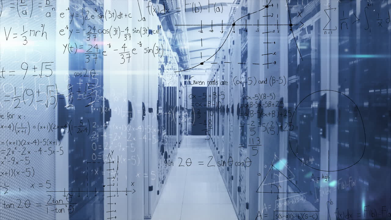 Animation of mathematical equations and diagrams over lens flares against server room