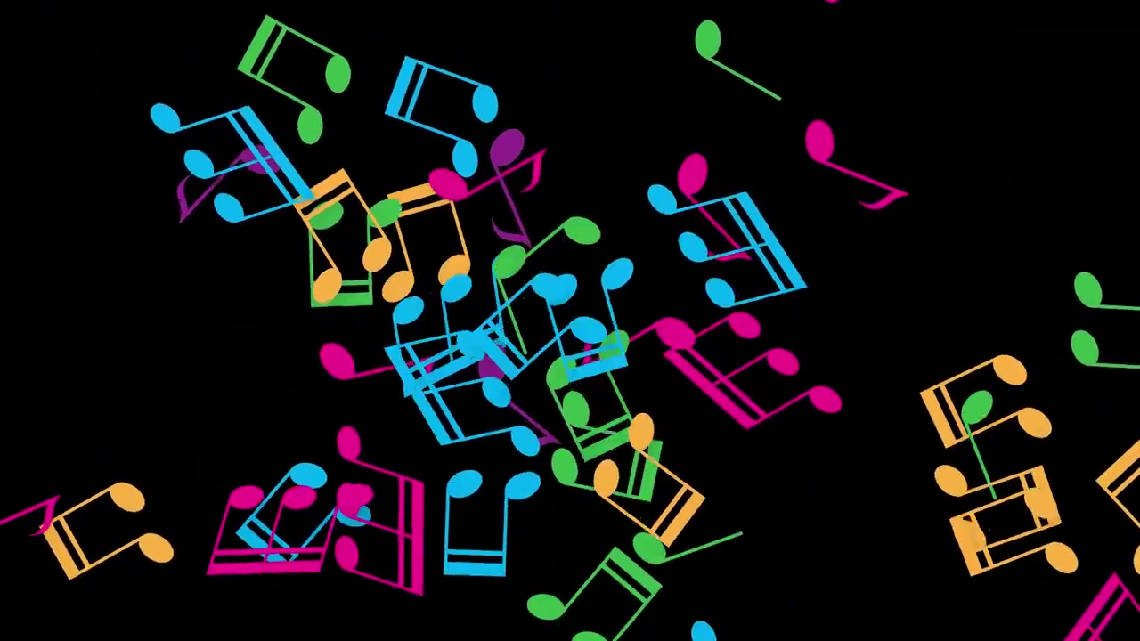 Vivaci note musicali multicolori esplodono e fluttuano su uno sfondo scuro in un'animazione giocosa