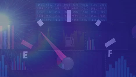 Animación-Del-Velocímetro-Y-Procesamiento-De-Datos-Estadísticos-Contra-Un-Punto-De-Luz-Sobre-Fondo-Azul