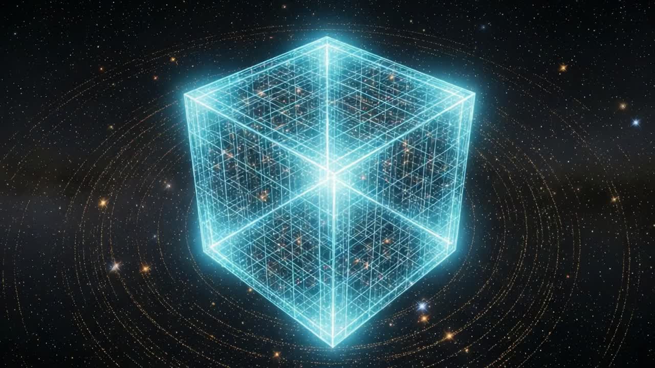 A stunning visual representation of a glowing cubic structure in a cosmic environment, showcasing intricate grid patterns and a sense of depth amidst swirling galaxies