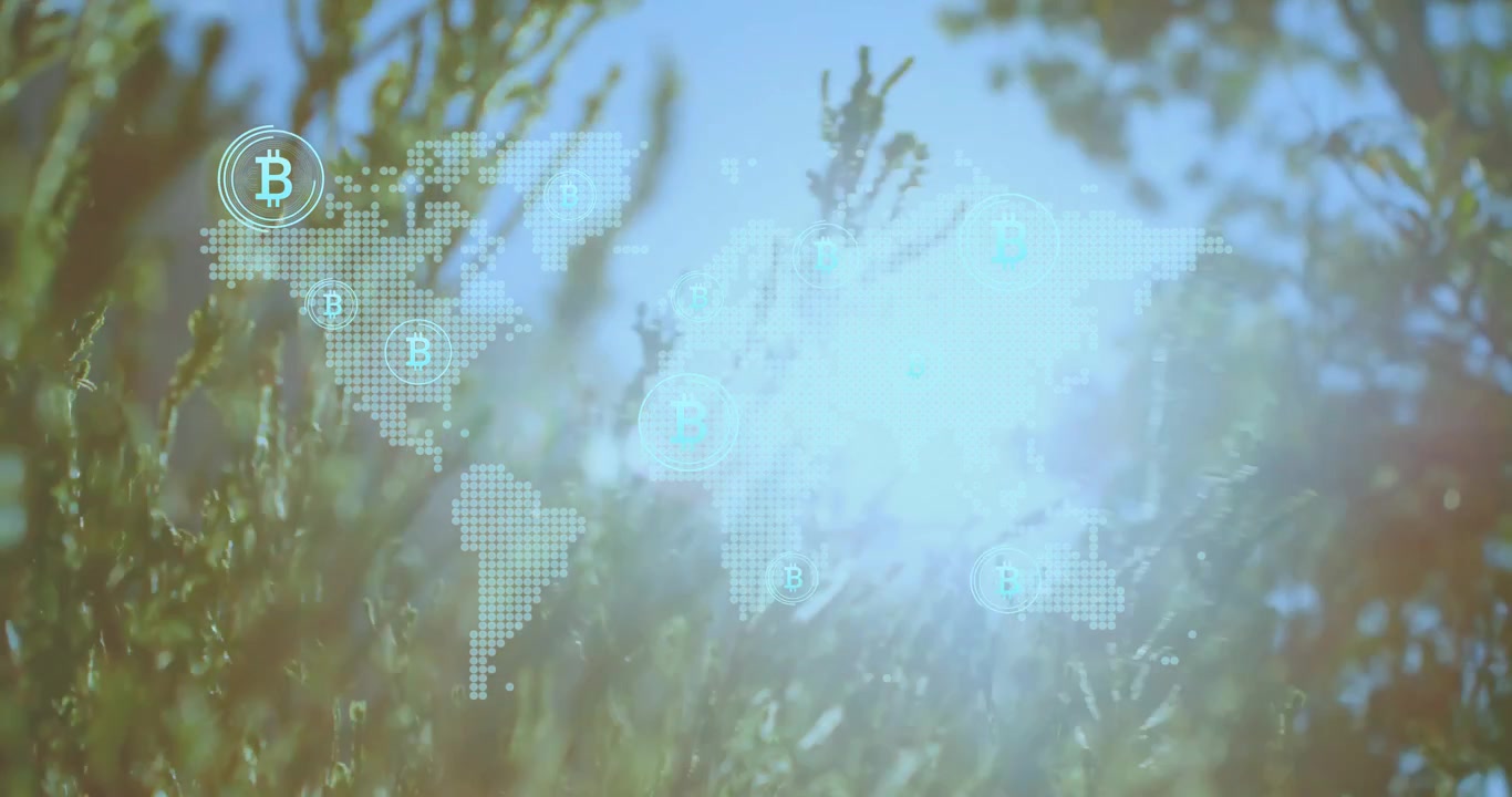 Grass swaying causing dotted map fade as Bitcoin icons emerging across world showing crypto growth