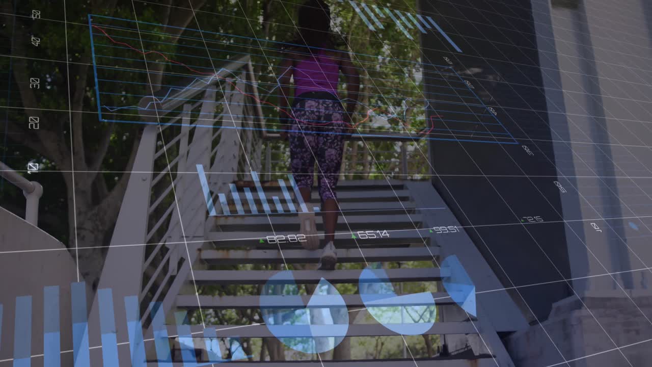 Animation of financial graphs and data over african american woman running upstairs
