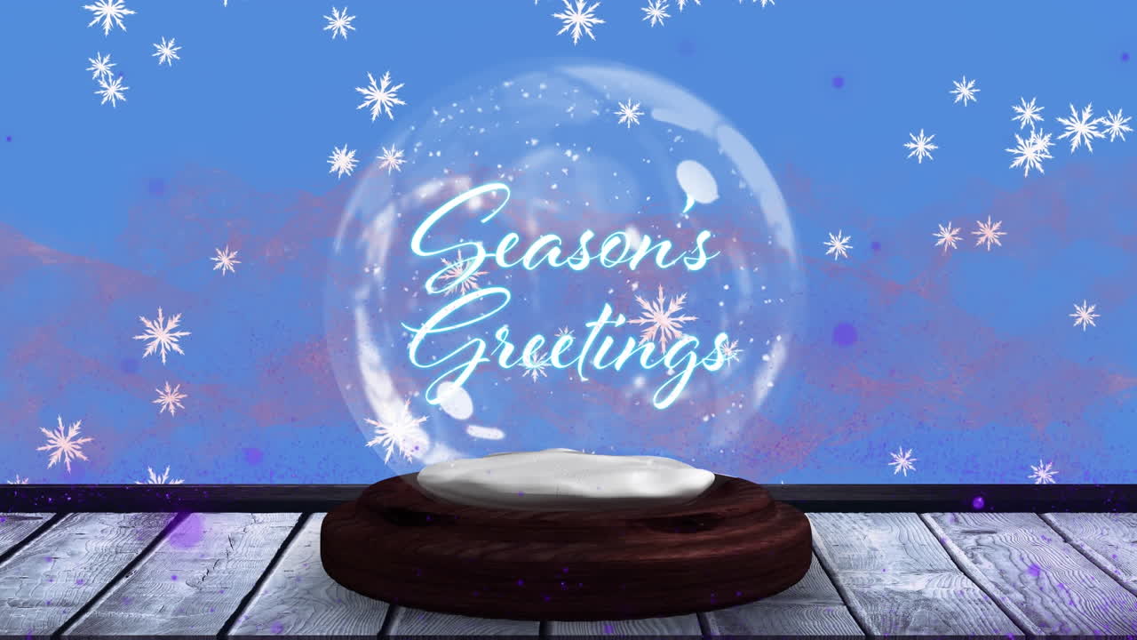 파란색 배경에 눈의 지구와 떨어지는 별로 된 계절의 인사 텍스트의 애니메이션