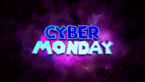 descuentos cósmicos: texto animado de cyber mondays en medio de una nebulosa estelar