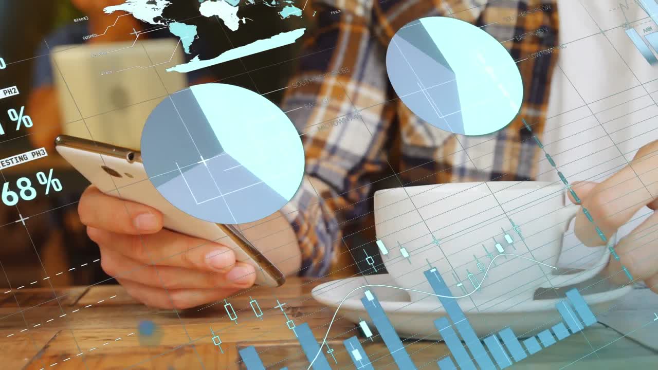 Animation of statistical data processing against mid section of man using smartphone at a cafe