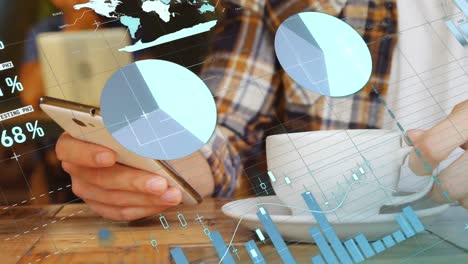 animation of statistical data processing against mid section of man using smartphone at a cafe