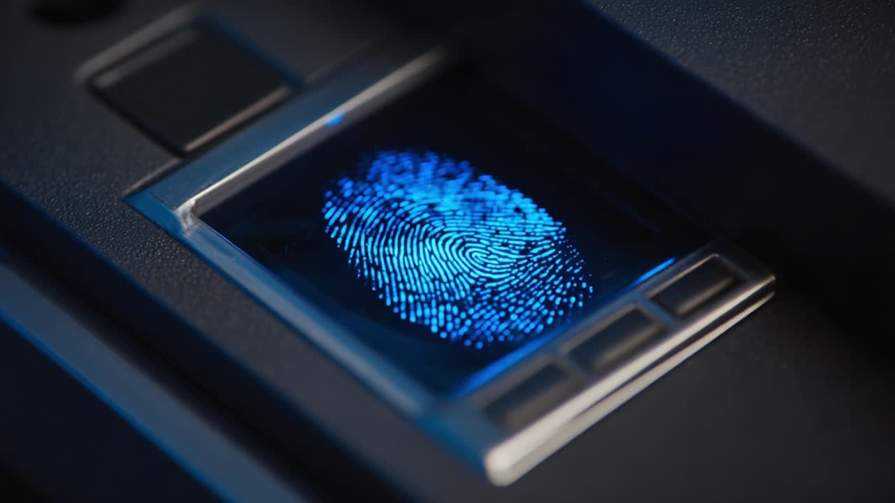 High-Resolution Close-Up of a Unique Fingerprint on a Biometric Scanner Display, Showcasing Detailed Patterns and Textures of the Ridge Structure in Stunning Blue Hue