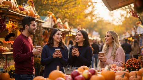 Friends enjoying coffee at a vibrant autumn market
