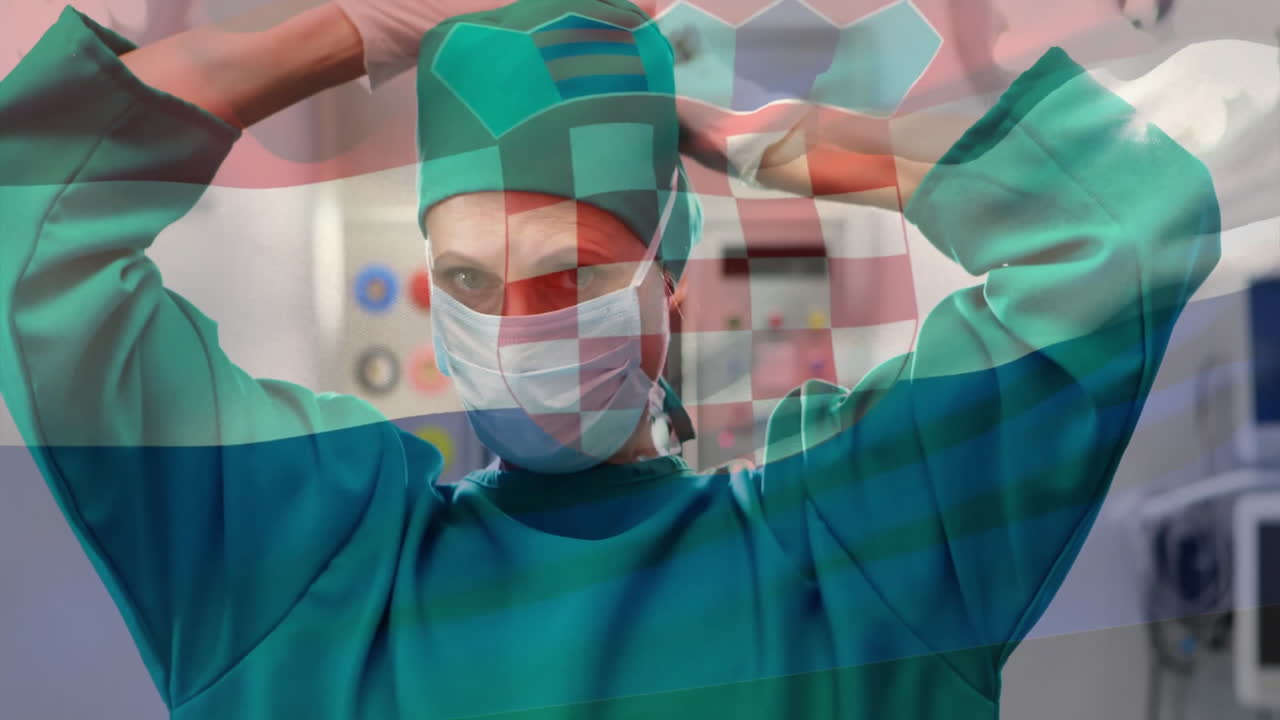 Animation of flag of croatia over caucasian female surgeon wearing face mask