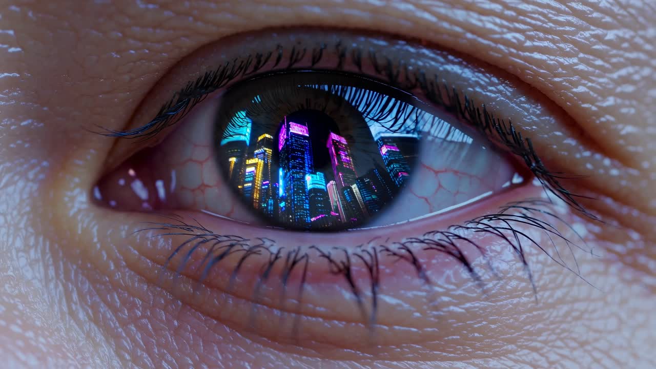 Close-up of an eye reflecting a neon-lit cityscape, capturing a futuristic vibe