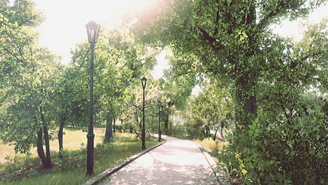 Vista-Panorámica-De-Un-Sinuoso-Camino-De-Piedra-A-Través-De-Un-Tranquilo-Parque-Verde-De-La-Ciudad