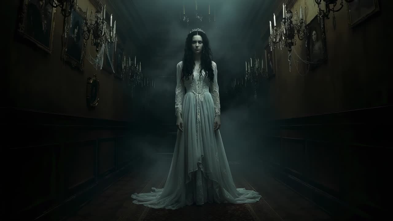 Chandelier shining on pale woman wearing tiara in castle corridor, mist swirling around gown