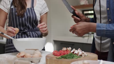 diverse teenage female friends with apron cooking in slow motion