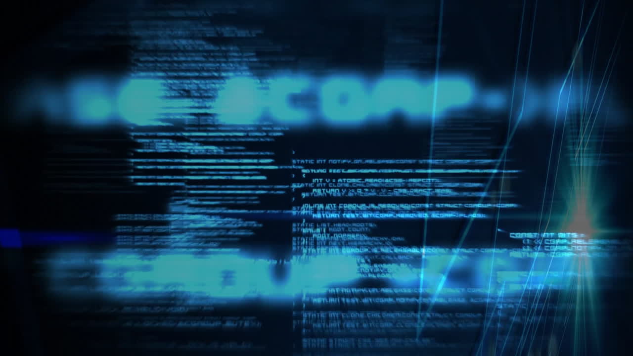 Digital code and data processing animation over dark blue background