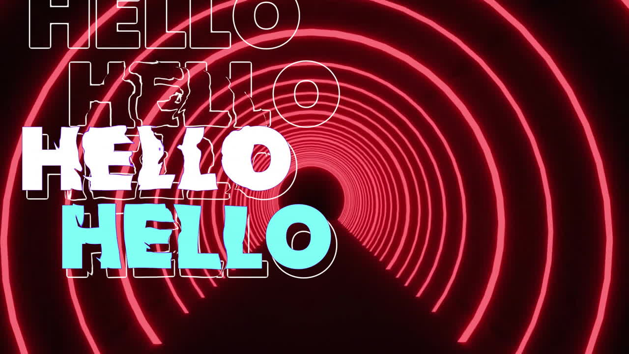 Hello text animation over red neon tunnel with circular patterns