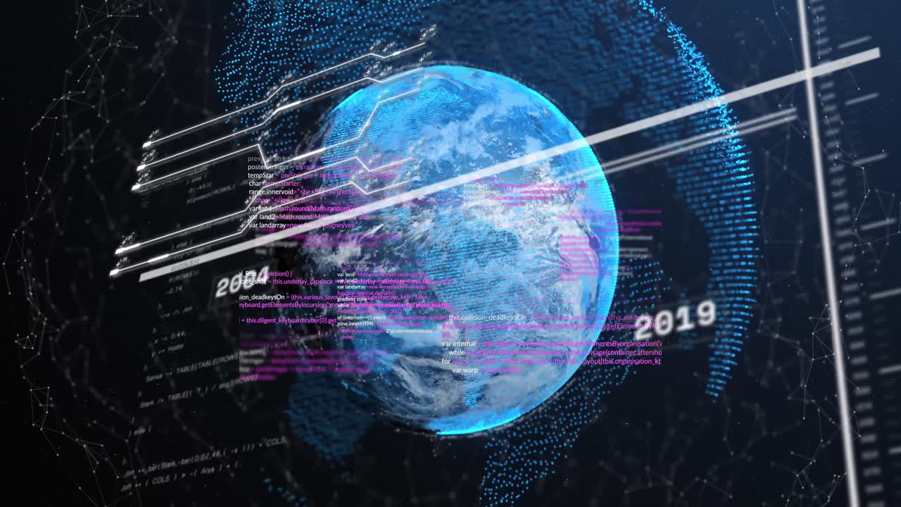 컴퓨터 언어의 애니메이션, 추상적인 배경에 지구를 둘러싼 연결된 점 위의 숫자