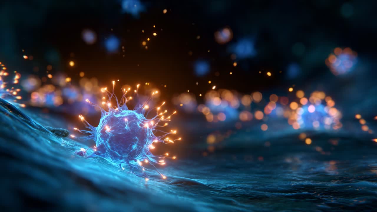 Uno straordinario primo piano di vivaci cellule bioluminescenti che riflettono luce ed energia in un ambiente sottomarino buio, che mostra la bellezza delle forme di vita microscopiche
