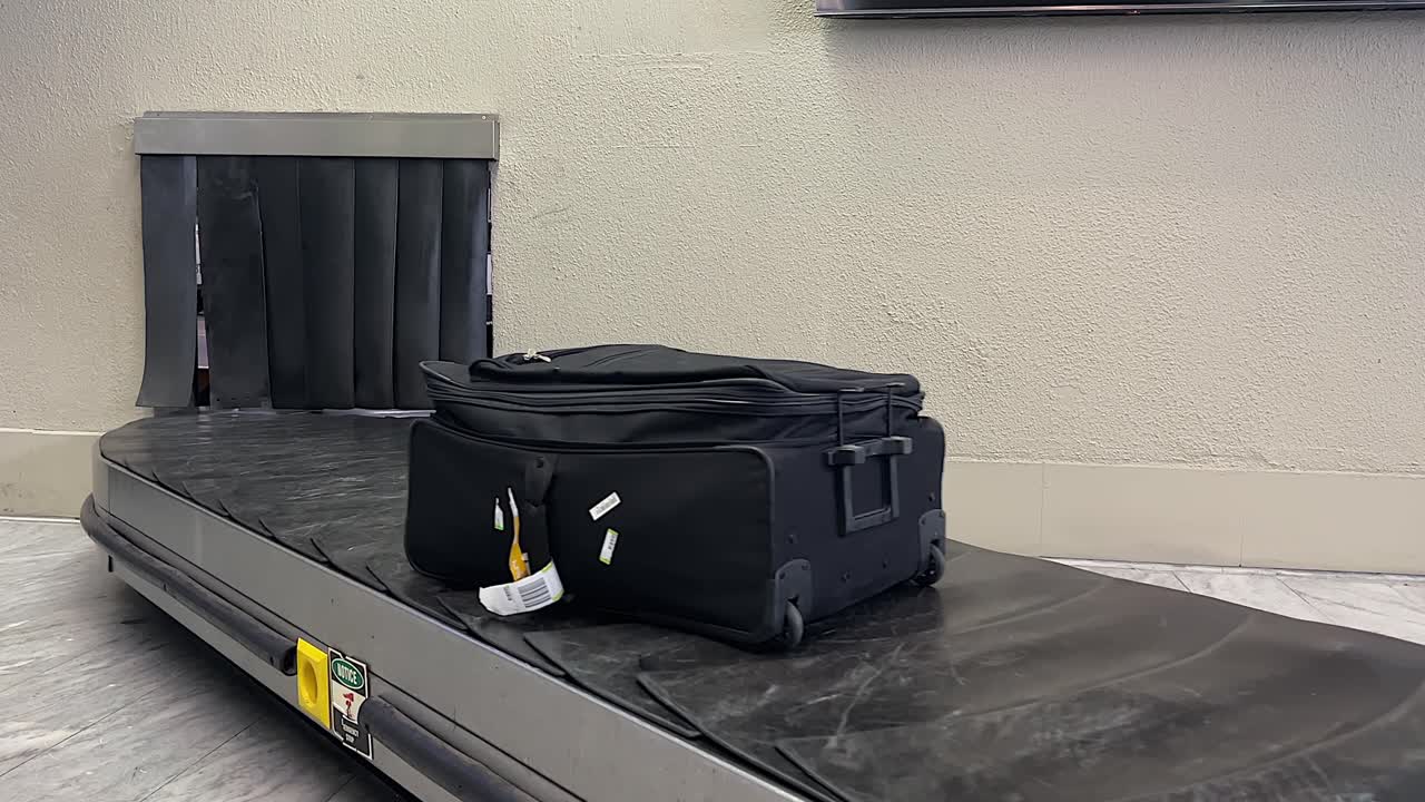 Kufferter kommer frem fra en åbning i væggen på lufthavnens bagagebånd