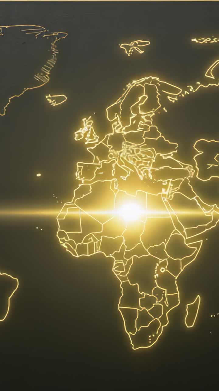 Vertical video: Starting 3D rendering Europe and Africa outlines lighting with golden lens flare