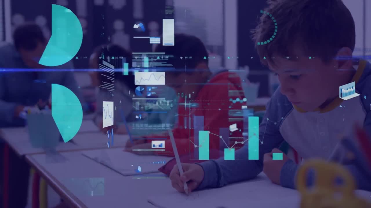 Animation of graphs and computer languages over diverse students writing notes in book at school