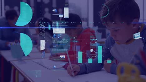 animation of graphs and computer languages over diverse students writing notes in book at school