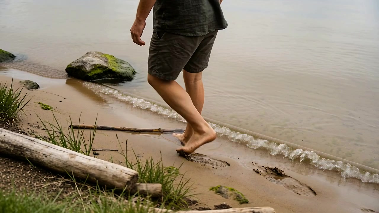 Stepping onto lakeshore, barefoot man in dark clothes leaving footprints by mossy rock for leisure