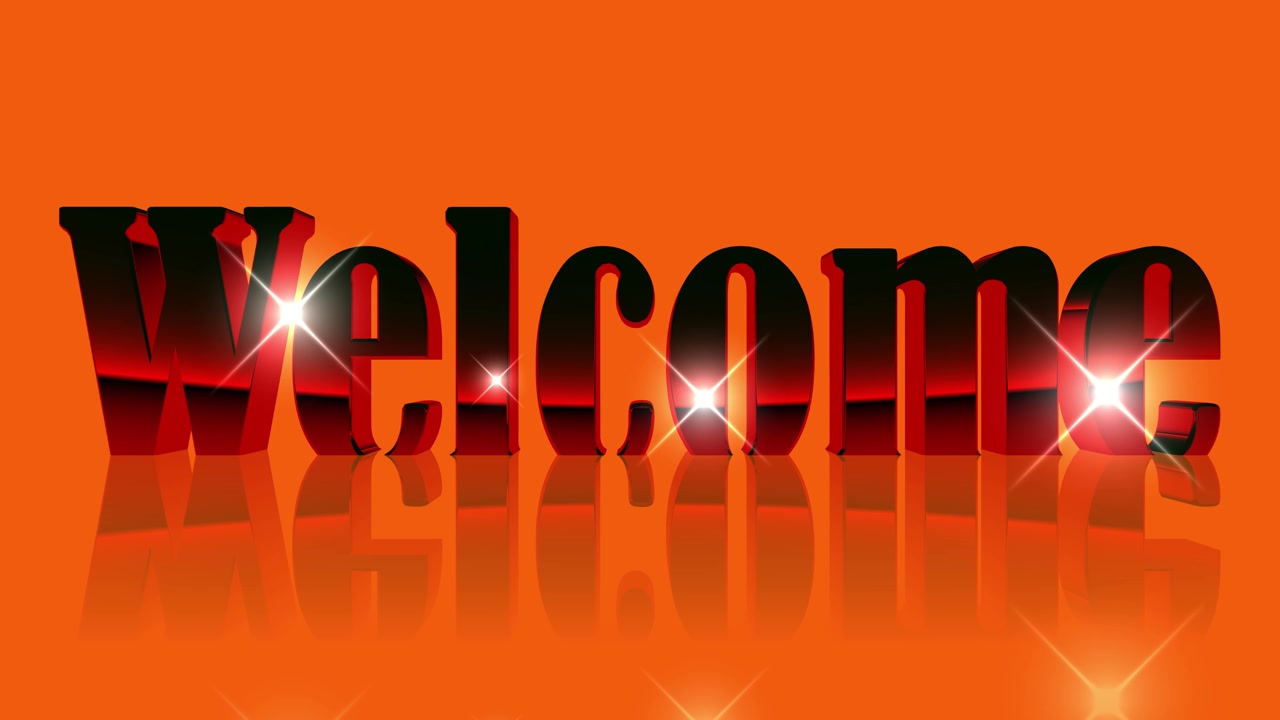 3D render of welcome text with glossy reflection on bright orange background creating intro animation designed for presentation visuals, motion graphics and video overlays.